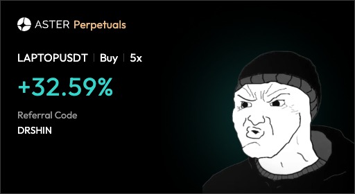 A black promotional graphic for 'ASTER Perpetuals' showing 'LAPTOPUSDT Buy 5x +32.59%' with referral code 'DRSHIN' and an illustration of a man in a beanie.