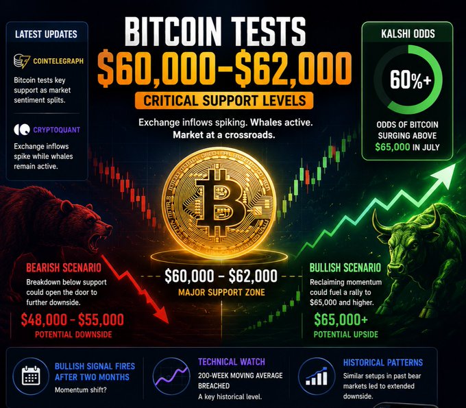 An infographic titled 'BITCOIN TESTS $60,000-$62,000 CRITICAL SUPPORT LEVELS' showing bearish scenario targeting $48,000-$55,000 and bullish scenario targeting $65,000+, with Kalshi odds of 60%+.