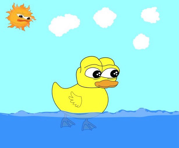 A cartoon illustration of a yellow duck standing on water under a bright sun with fluffy clouds in a blue sky.