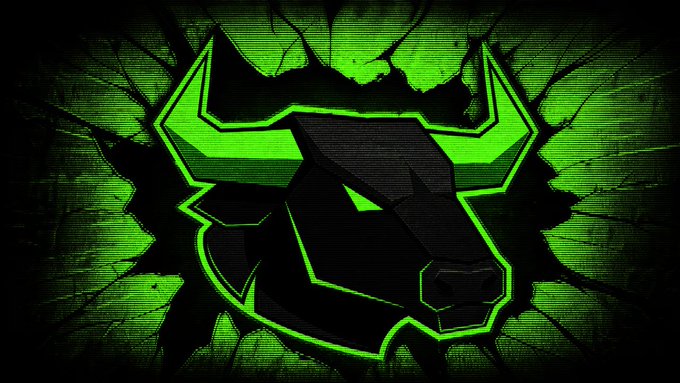 A stylized, neon-green and black digital logo of a wolf or dog head, appearing to break through a cracked background.