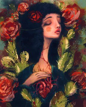 A digital painting of a woman with dark hair and closed eyes, surrounded by red roses and thorny vines with a melancholic atmosphere.