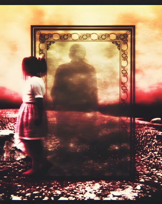 An artistic photo of a girl in a school uniform standing before a large ornate mirror that reflects a shadowy figure against a dramatic sunset sky.