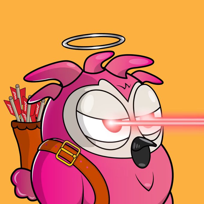 A cartoon illustration of a pink owl-like character with a silver halo, laser-beam eyes, and a quiver of arrows labeled 'PouchDown' on its back.