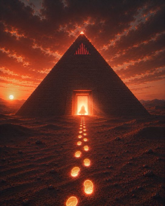 A dramatic fantasy artwork of a pyramid at sunset with glowing red lights leading from a doorway, set against an orange-red cloudy sky in a desert landscape.