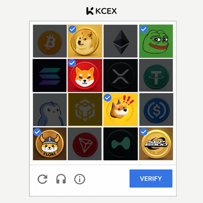 A KCEX cryptocurrency verification captcha screen shows a 4x4 grid of crypto coin logos (Bitcoin, Dogecoin, Ethereum, Pepe, Shiba Inu, Floki, etc.) with checkmarks on selected images and a blue 'VERIFY' button.