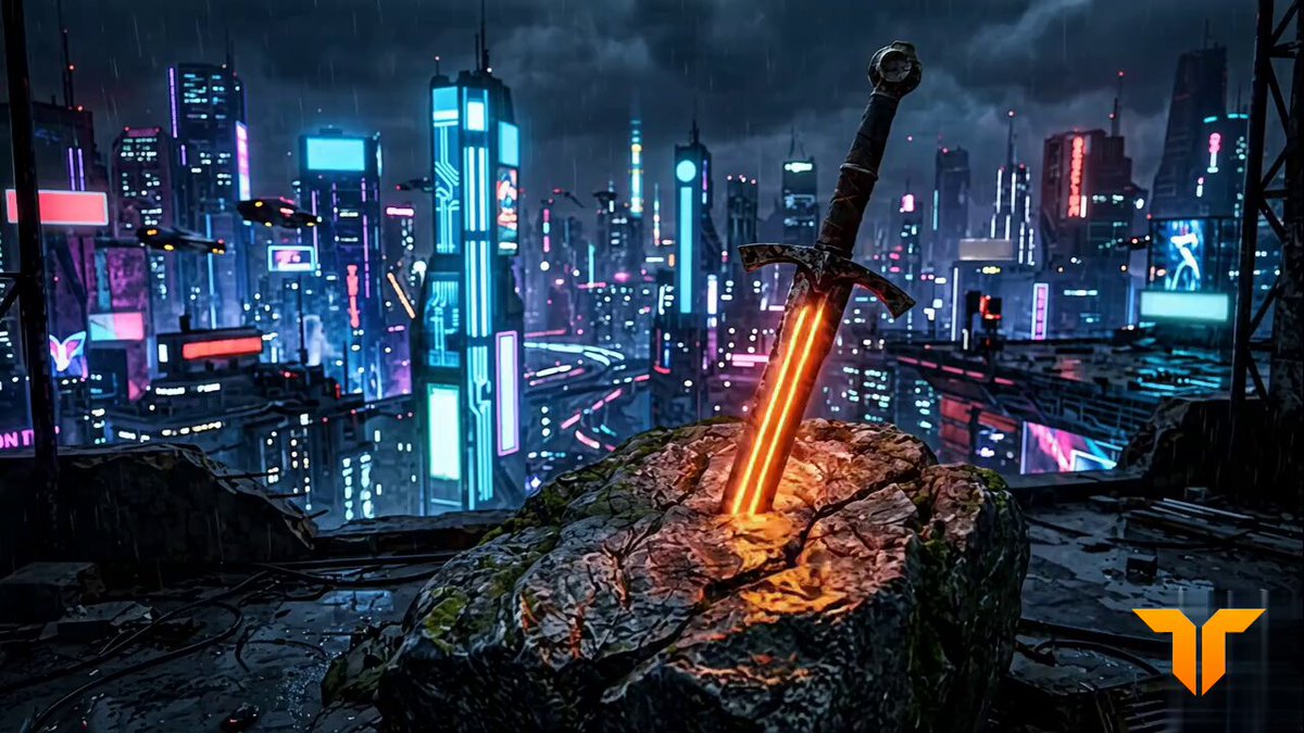 The image features a sword with an orange glow, which appears to have been lit by neon lights or a light source. The sword is positioned on top of a rock, possibly from a rooftop or other elevated location. In the background, there are buildings that resemble skyscrapers in a city setting. The text "Warriors of the Swarm" and "New Missions await" suggests that this image might be related to a video game or an online platform where players can earn XP by completing missions.