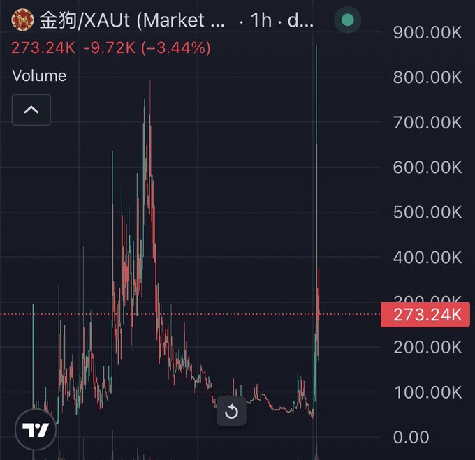 A TradingView chart for $金狗/XAUt (Golden Dog/Gold) on a 1-hour timeframe shows a price of 273.24K, down 9.72K (-3.44%), with a recent vertical spike reaching ~850K ATH before retracing sharply back to the current low. The chart visualizes the post's narrative of breaking a new all-time high at 850K and pulling back to ~270K, presented as a potential buying opportunity.