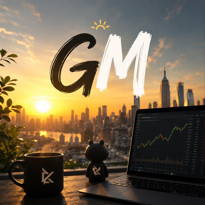 A "GM" (Good Morning) graphic featuring a sunrise cityscape, a black coffee mug with a crypto logo, a small character figurine, and a laptop displaying a trading chart.