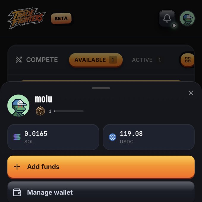 A Trade Fighters app interface showing a user wallet with balances of 0.0165 SOL and 119.08 USDC, along with 'Add funds' and 'Manage wallet' options.