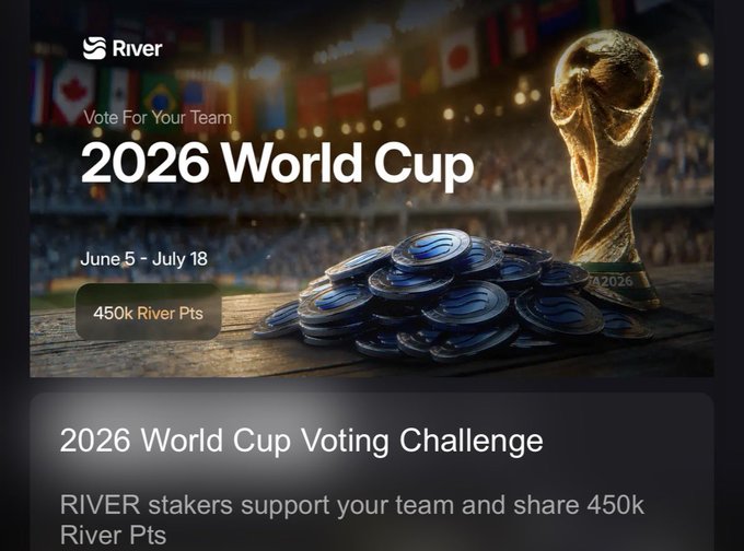 A large golden trophy sitting atop a stack of blue coins, with the text "2026 World Cup Voting Challenge" at the top. The surrounding context suggests that this event is related to the River ecosystem project or community efforts where people are supporting the local team's achievement in the World Cup.