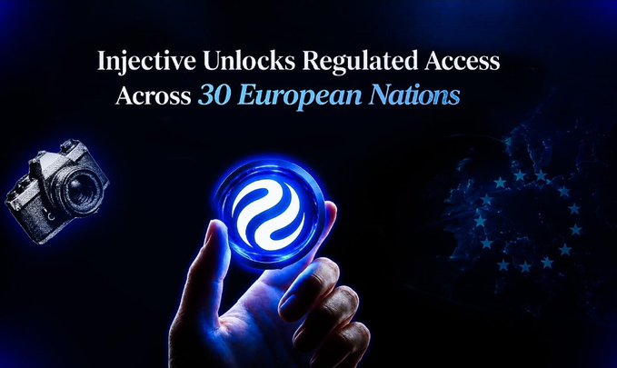 A promotional graphic displays the Injective logo held in a hand, with text reading 'Injective Unlocks Regulated Access Across 30 European Nations' over a blue background.