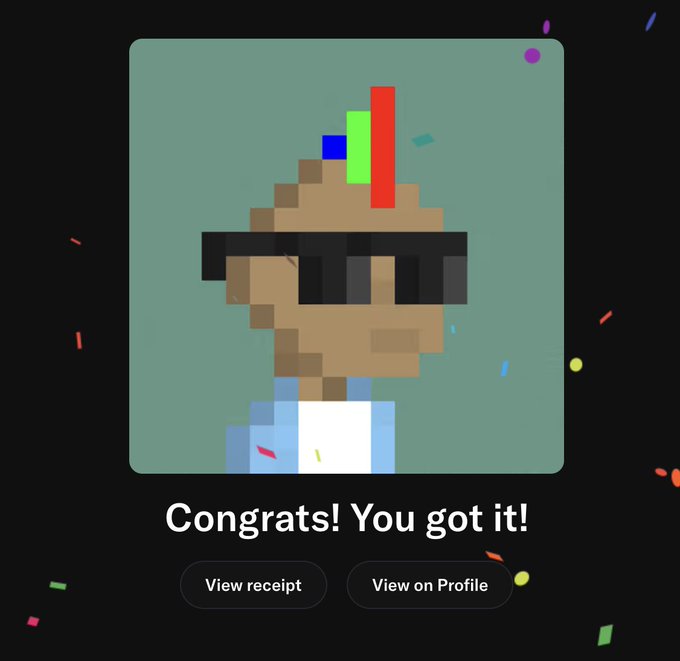 A pixel art achievement screen displays a character wearing sunglasses with confetti effects, captioned "Congrats! You got it!" with buttons for "View receipt" and "View on Profile".