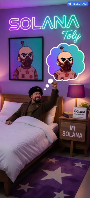 A man lying down next to a bed with white sheets, wearing a brown shirt, beard, and holding his hand up, smiling as he looks at himself in a mirror, suggesting he might have just woken up from a nightdream. The image also includes posts about Solana NFTs, including one about the Solana token price, another showing some star decorations, an illustration of a man wearing a black hat and beard, all appearing together within the same space.