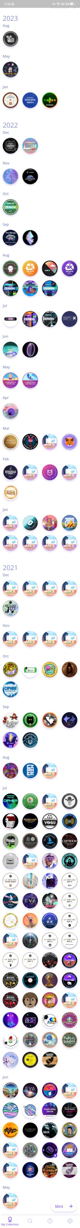 A screenshot of a digital POAP (Proof of Attendance Protocol) collection app displaying numerous circular badge icons organized chronologically from 2021 to 2023, showing the user's accumulated event attendance tokens across various months. This directly illustrates the post's reflection on a "POAP" project that "bit the dust," as the collection represents the discontinued engagement items the user had been tracking on their to-do list.