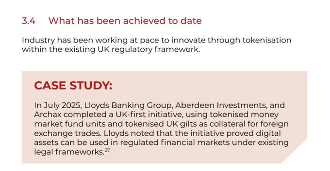 A document section titled '3.4 What has been achieved to date' discussing industry innovation through tokenisation within the UK regulatory framework, featuring a case study about Lloyds Banking Group, Aberdeen Investments, and Archax completing a UK-first initiative in July 2025 using tokenised money market fund units and UK gilts as collateral for foreign exchange trades.