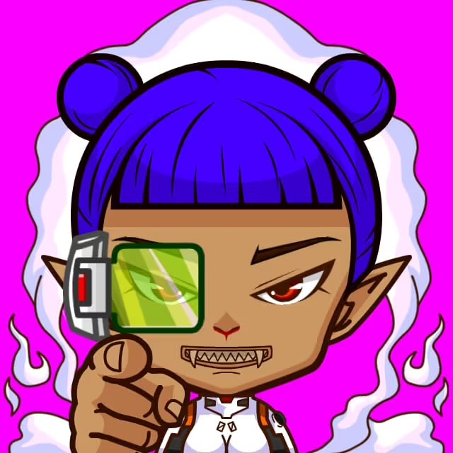 Chibi-style cartoon character with purple hair in twin buns, pointy ears, fangs, and a sci-fi visor, pointing at the viewer against a bright pink background.