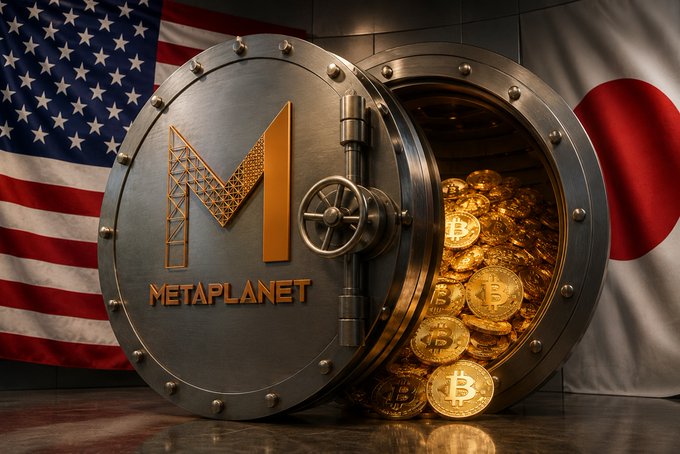 A large metallic vault door with the 'METAPLANET' logo open to reveal piles of gold Bitcoin coins inside, set against a backdrop of the American and Japanese flags.