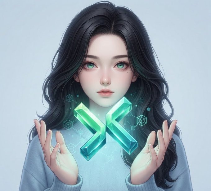 An anime-style digital illustration of a woman with long black hair and green eyes holding a glowing teal geometric symbol.