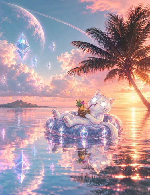Digital artwork of a white cat lounging on a crystal floatie in pastel-colored water while sipping from a tropical drink, with a planet, palm tree, and sunset in the background.