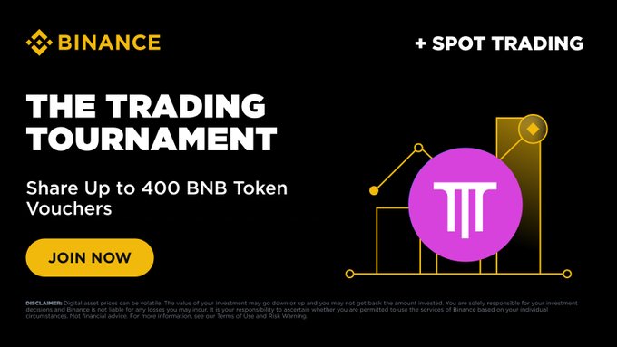 A Binance advertisement for "The Trading Tournament" spot trading competition, offering a share of up to 400 BNB token vouchers with a "Join Now" button, directly promoting the trading event mentioned in the post.
