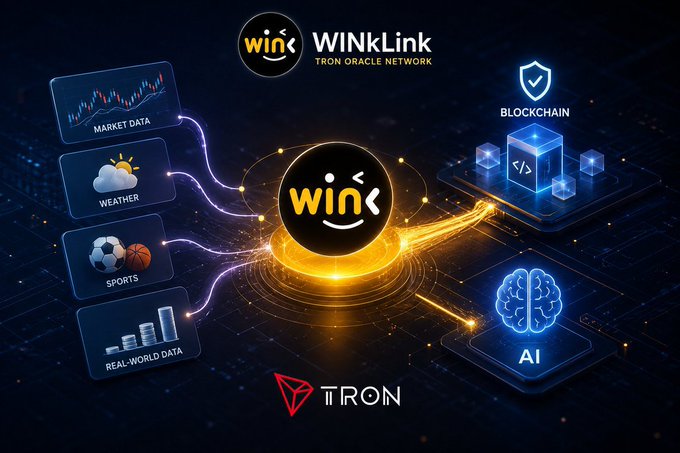 A promotional graphic for WINkLink, the 'TRON ORACLE NETWORK', showing connections between market data, weather, sports, real-world data, blockchain, and AI elements.