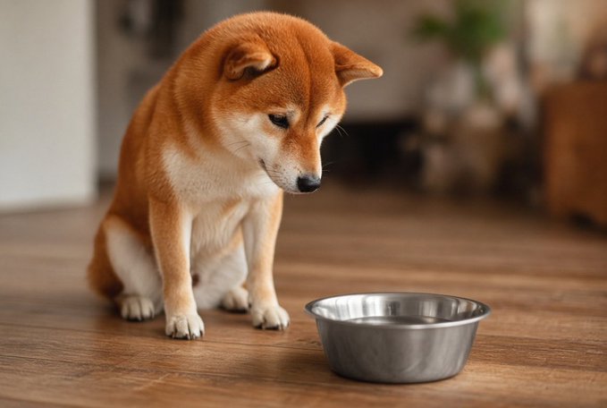 A Shiba Inu dog sitting on a wooden floor looking down at an empty stainless steel bowl.