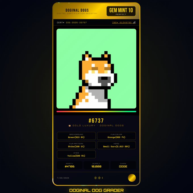 A digital certificate for an NFT called 'Dogginal Dogs' (#6737), valued at 10,000 DOGE, labeled as 'Gold Luxury' with pixel art of a Shiba Inu dog.
