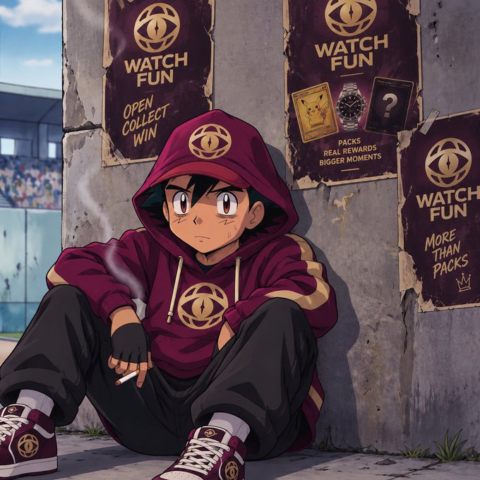 An anime-style illustration of a boy in a maroon hoodie sitting against a wall plastered with posters reading 'WATCH FUN', 'OPEN COLLECT WIN', and 'PACKS REAL REWARDS BIGGER MOMENTS'.