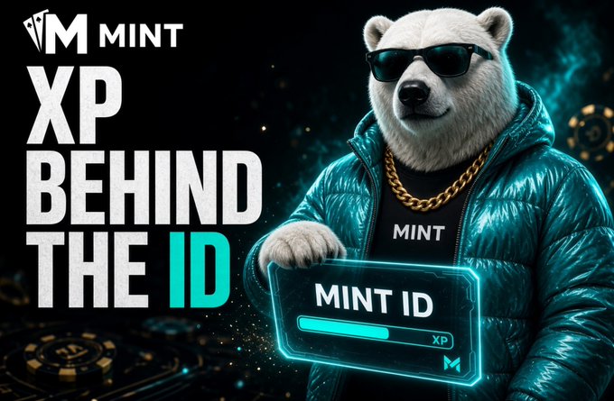 A polar bear mascot wearing sunglasses and a teal puffer jacket holds a neon "MINT ID" XP card, alongside text reading "MINT — XP BEHIND THE ID." The image visually reinforces the post's emphasis on how the simple MINT ID entry gives it a distinctive edge compared to typical comment-and-wait raffles.