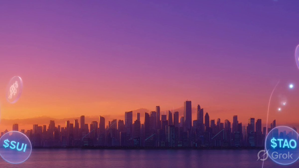 The image features a city skyline at sunset, with the sky painted in shades of purple and orange. The sun is setting behind the buildings, casting a warm glow over the scene. In the foreground, there are two bubbles floating near the edge of the frame, adding an element of whimsy to the image. The text "S$UI $TAO $HYPE $KAS $RENDER $ONDO $PENDLE $NEAR $AVAX $INJ $SEI $FET $LINK $APT $TON $PEPE @XOOBNetwork @3look_io @River4fun @RiverdotInc". The bubbles are positioned on the left side of the image, while the city skyline is located in the center.