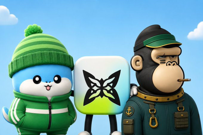 The image features a cartoon depiction of three anthropomorphic animals standing next to each other, including a monkey wearing a green hat and jacket with a yellow butterfly design on its chest. The background shows a blue sky with clouds, creating an interesting contrast between the animals' colorful attire and the natural backdrop. The caption below the image reads: "Infrastructure gets interesting when the network creates value while securing itself".