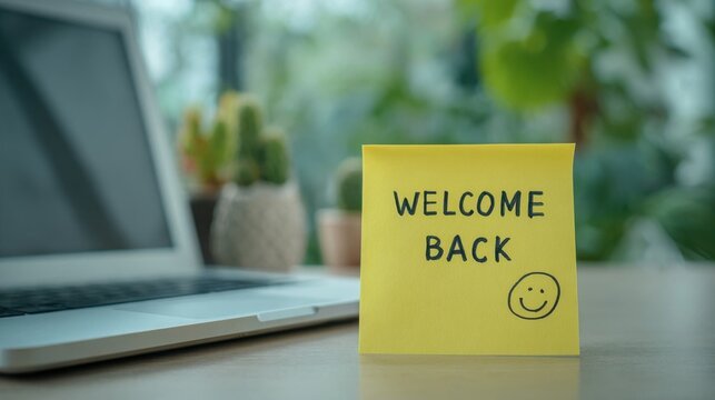 A yellow sticky note with 'WELCOME BACK' and a smiley face drawn on it, placed on a desk next to a laptop and small potted plants.