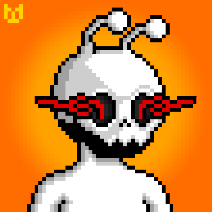 A pixel art illustration of a white alien-like figure with red pixelated glasses against an orange background.