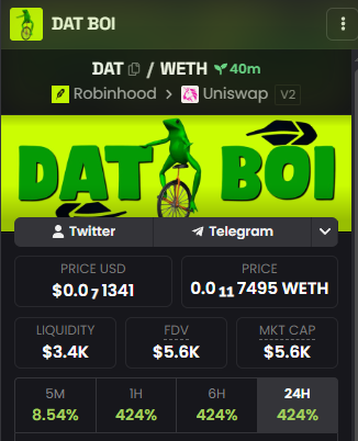 Cryptocurrency price tracker page for the token 'DAT BOI' (DAT/WETH) traded on Robinhood/Uniswap V2, showing a price of $0.0₇1341 and 424% gain over 24 hours.