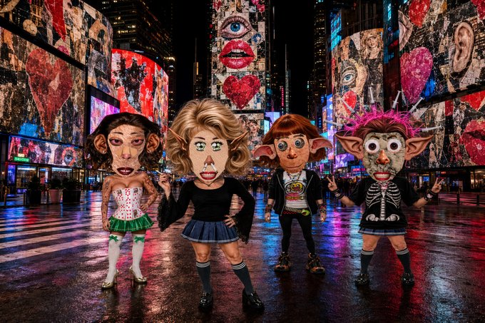 Four puppet-like figures with exaggerated faces stand in Times Square, with the text 'DEAL BOOK' visible on a billboard behind them.