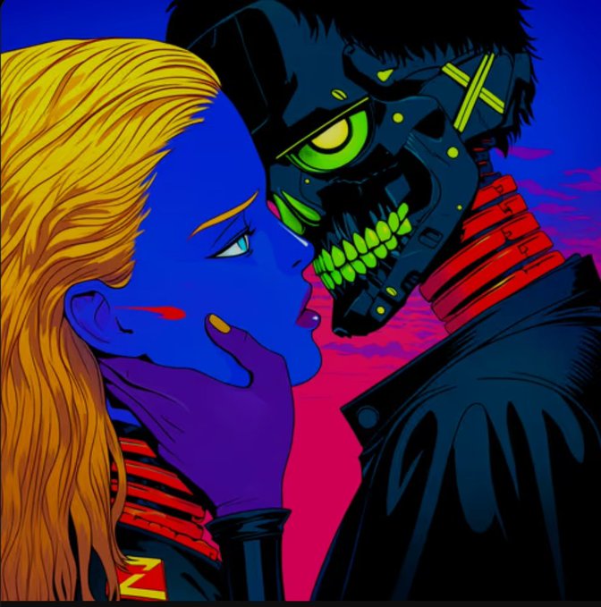 A vibrant pop-art style illustration showing a blonde woman being held face-to-face by a menacing skull-masked figure with glowing green teeth and eyes.