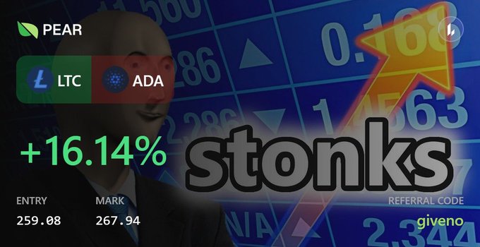 A stylized trading graphic branded "PEAR" showcases a successful LTC/ADA pair trade with a +16.14% return (entry 259.08, mark 267.94), featuring a "stonks" meme overlay and upward arrow against a stock chart background, promoting the Pear Agent's automated crypto trading performance.