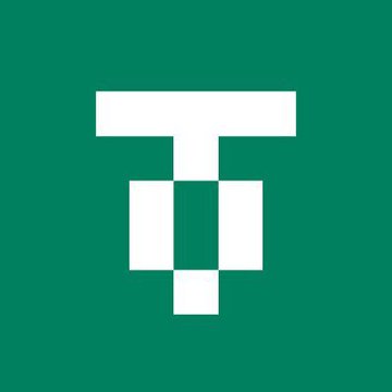 A minimalist green graphic featuring a white geometric logo that resembles a stylized letter 'T' or an overlapping square-and-bar design.