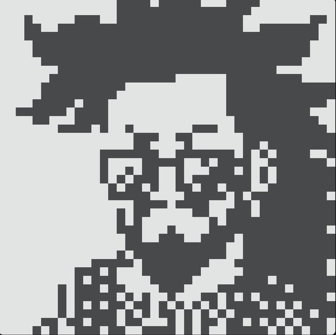A black and white QR code or pixelated image resembling an 8-bit face or character portrait.