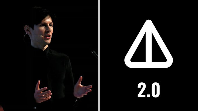 The image features a man standing next to a poster with an icon of a triangle and the text "NOTCOIN 2.0" written below him. The poster also includes a link to the project, which reads "If @durov announces the  NOTCOIN 2.0 project", suggesting that users can join the Airdrop for this new cryptocurrency.