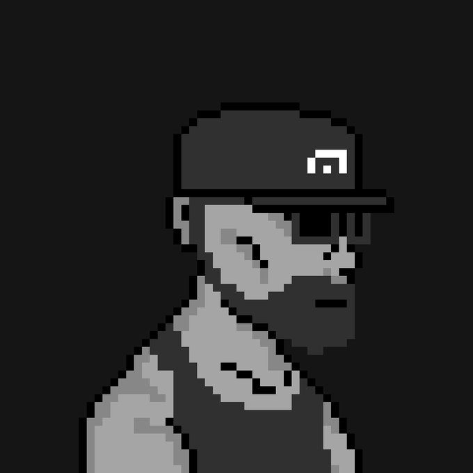 A pixel art character wearing a dark cap with a stylized "M" logo and a face mask, set against a black background. The image appears to be an honorary NFT piece associated with the "Rogue Protocol" collection, featuring a hooded avatar design.