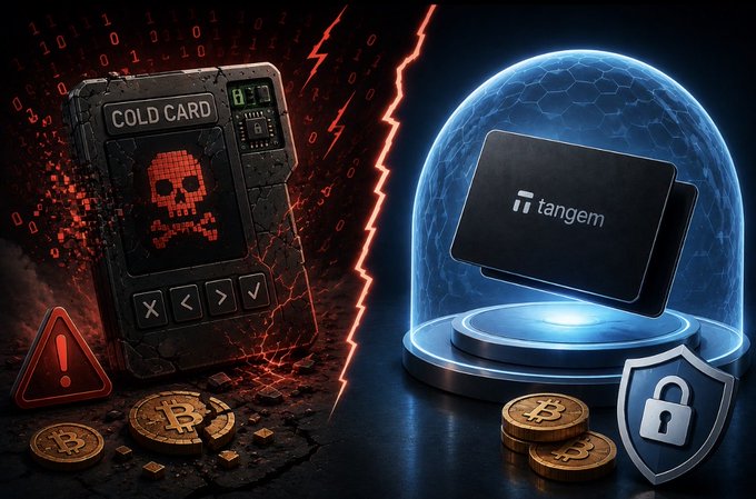 Promotional comparison graphic contrasting a "COLD CARD" device (red, with skull icon and warning symbols) against "Tangem" crypto wallet (blue, with shield icon), separated by a lightning bolt.