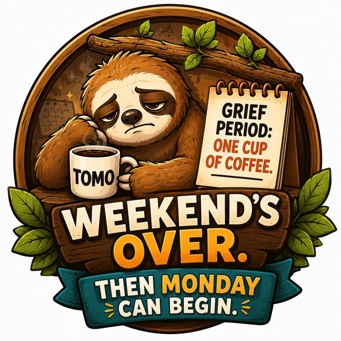 A cartoon sloth rests its head on a coffee mug labeled "TOMO" beside a notebook reading "GRIEF PERIOD: ONE CUP OF COFFEE," with banners declaring "WEEKEND'S OVER" and "THEN MONDAY CAN BEGIN."