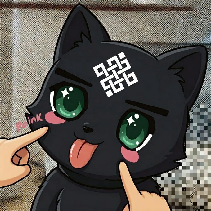 The image features a black cat with green eyes and pink lips being pointed at by someone's fingers. The cat appears to be making a silly face as if it knows that its tongue is sticking out, possibly due to the person pointing at it. The scene takes place in front of a window or mirror, which adds depth to the image.