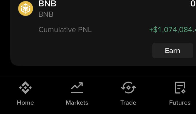 A cryptocurrency wallet interface showing a BNB holding with a Cumulative PNL of +$1,074,084.4 and navigation tabs for Home, Markets, Trade, and Futures.