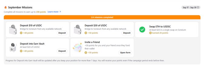 Screenshot of a 'September Missions' dashboard showing 1/4 missions completed, with tasks including depositing USDC, swapping ETH, and inviting friends for points.