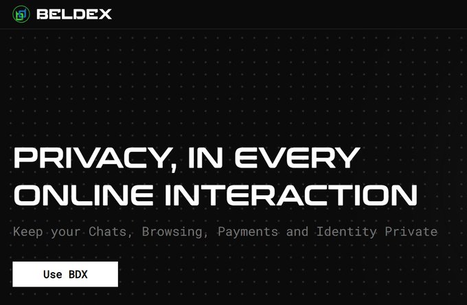 The image shows a promotional banner for Beldex featuring its logo, the headline "PRIVACY, IN EVERY ONLINE INTERACTION," and the tagline "Keep your Chats, Browsing, Payments and Identity Private," along with a "Use BDX" call-to-action button. This visually reinforces the post's description of Beldex as a privacy-first blockchain ecosystem, highlighting the ticker "BDX" and the platform's focus on protecting user data across multiple online activities.