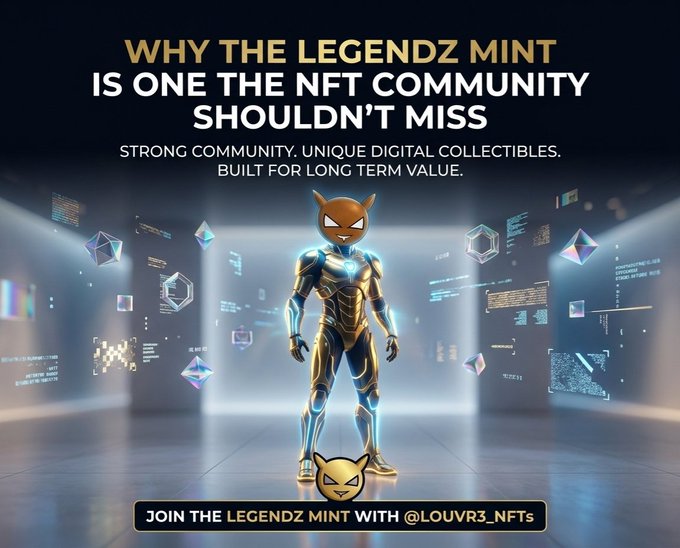 A promotional graphic titled 'WHY THE LEGENDZ MINT IS ONE THE NFT COMMUNITY SHOULDN'T MISS' featuring a golden armored feline character, with text at the bottom reading 'JOIN THE LEGENDZ MINT WITH @LOUVR3_NFTS'.