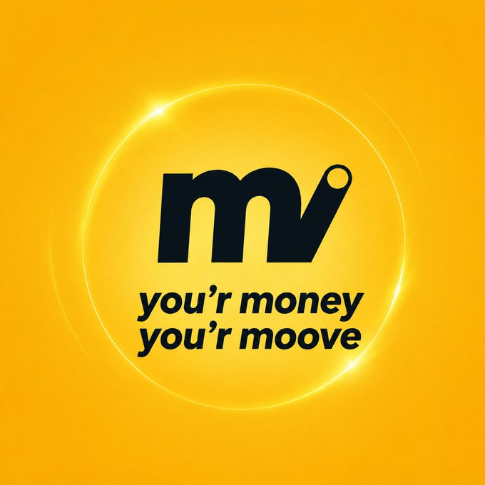 The image displays the Moove logo—a stylized "mv" with a checkmark—centered on a glowing yellow circular background, accompanied by the slogan "you'r money you'r moove." The visual reinforces the post's message by showcasing the project's branding as the author highlights @moovexyz's steady, community-driven development and consistent product improvements in Web3.
