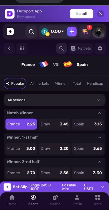 A mobile screenshot of the Dexsport app displaying betting odds for a France vs Spain match, with France favored at 2.25, a draw at 3.45, and Spain at 3.15, reflecting the post's reference to checking World Cup markets on Dexsport before the semifinal.